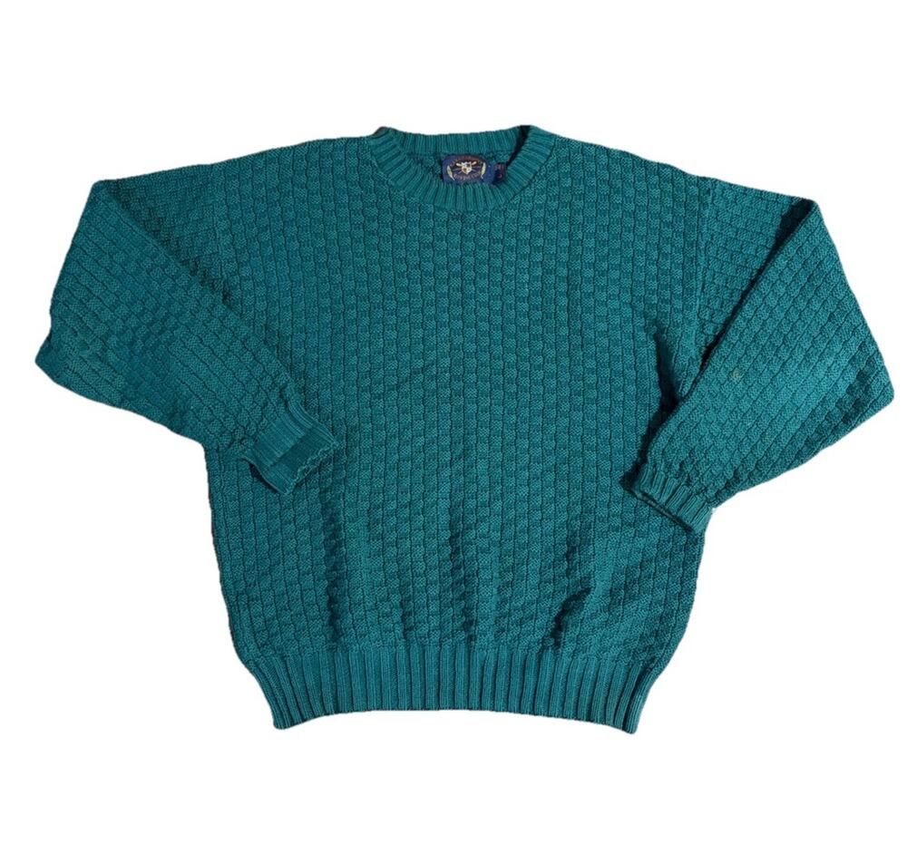 Lake Harmony Vintage Cotton Green Knit Sweater Size Large Made In USA 90s